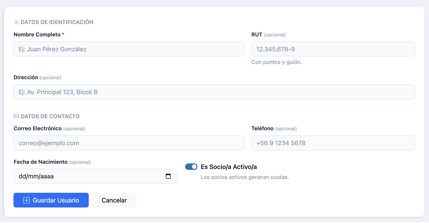 Formulario para registrar un socio nuevo con nombre, RUT, dirección y datos de contacto